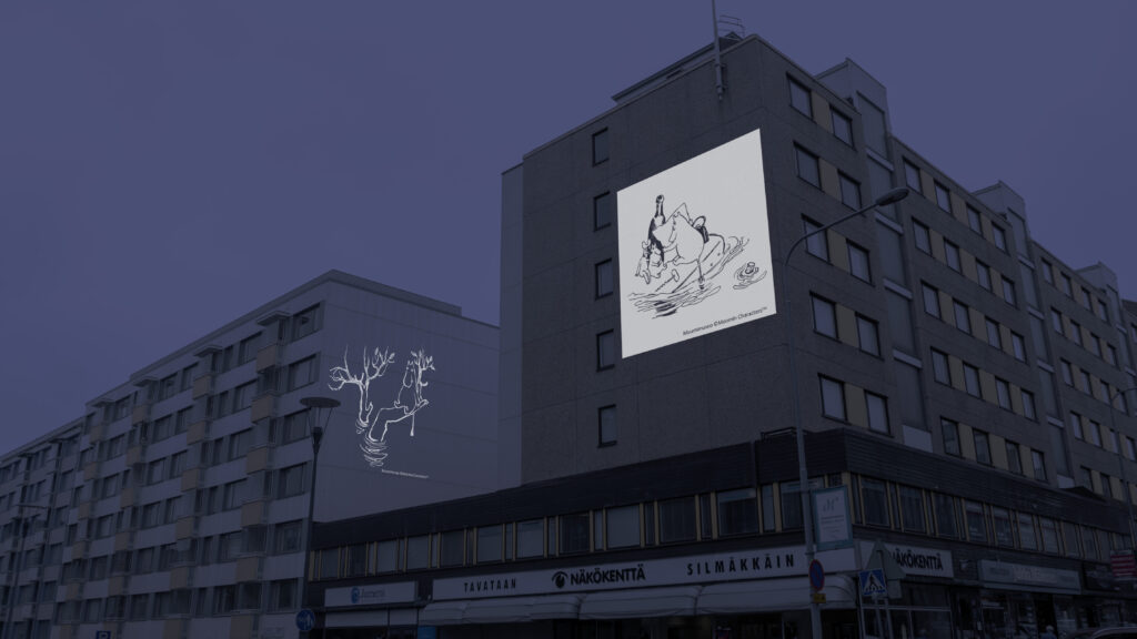 Valogallerian muumiteokset heijastettuna rakennuksen seinään.
